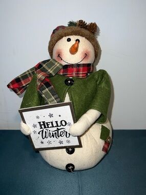 Audrey Plush Burlap Green and Cream Snowman with Plaid Scarf Holiday Accent